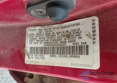 2004 Toyota Corolla Ce z USA, uszkodzony, nr VIN 1NXBR32E04Z200203